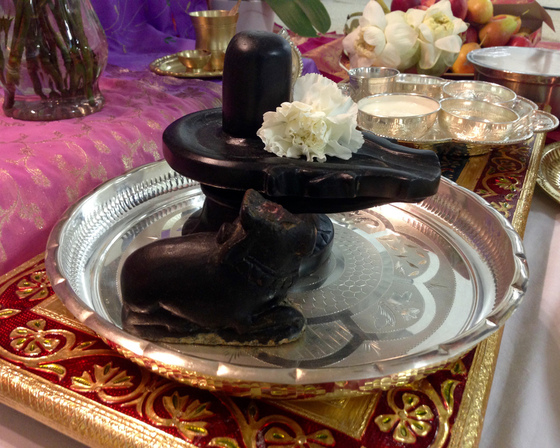 Black stone Shiva lingam and Nandi on silver dish