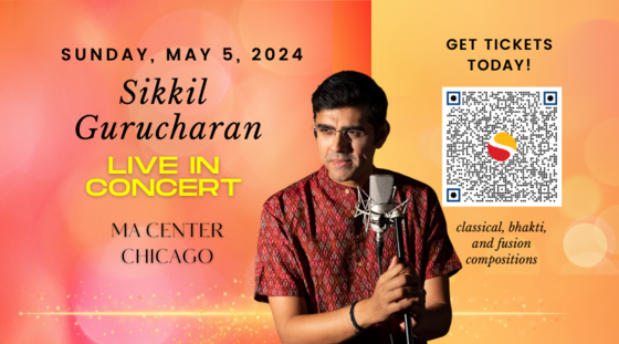 Sikkil Guruchan holding a microphone next to festive graphics