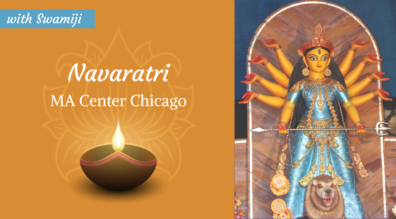 Devi on a lion with an MA Center Chicago graphic featuring a diya