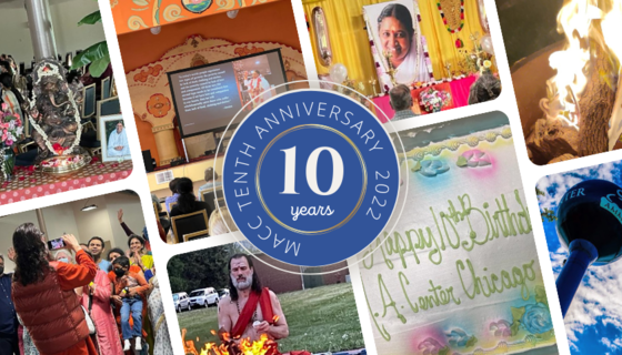A montage of MACC 10th anniversary retreat images including Swamiji performing the homa, the cake, the water tower, the bonfire, the altar with Amma's photo