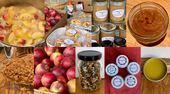 Apples, apple chips, applesauce, apple butter, apple pie, herbal tea, and healing balms