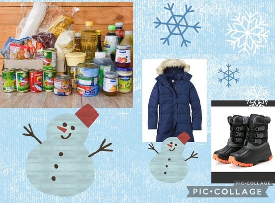 Non-perishable food items + winter coat and winter boots