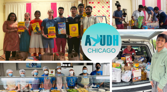 a montage of AYUDH photos, serving food, collecting food donations, etc. 