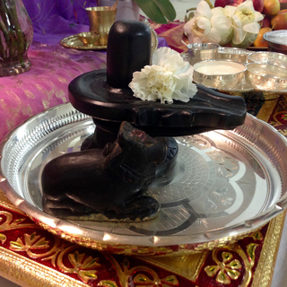 Black stone Shiva Lingam and Nandi on silver dish