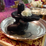 Black stone Shiva Lingam and Nandi on silver dish