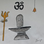 Child's drawing of a black stone Siva Lingam with brass trident and bell