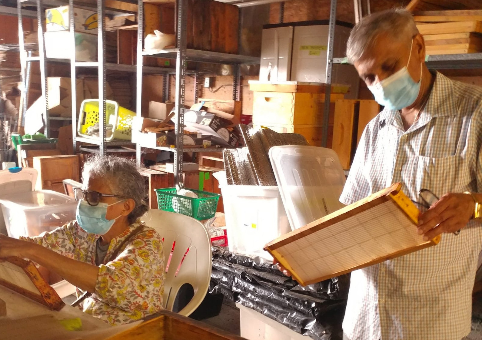 Beekeepers cleaning frames