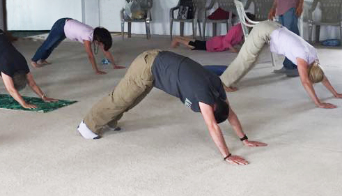Yoga practitioners doing downward dog